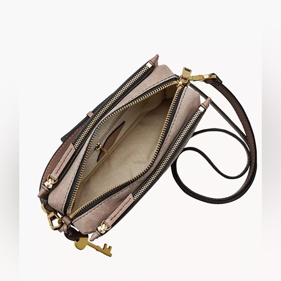 Fossil Crossbody Bag Taupe Leather Suede Zipper Adjustable Strap Purse‎ Pockets - Picture 10 of 14